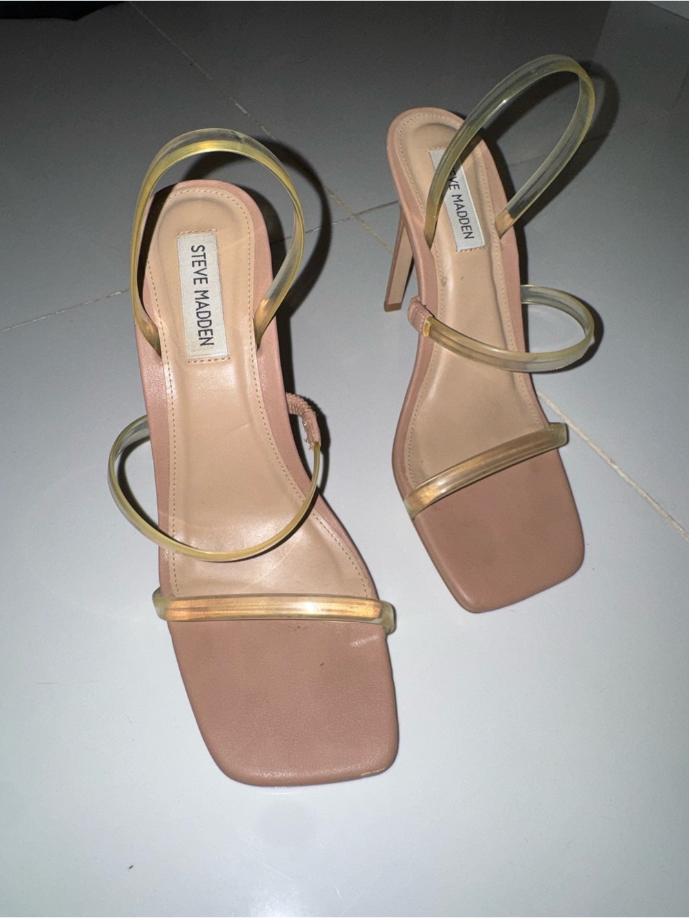 Steve Madden Nude Pink Square-Toe Stiletto Sandals with Gold-Tinted Clear Straps